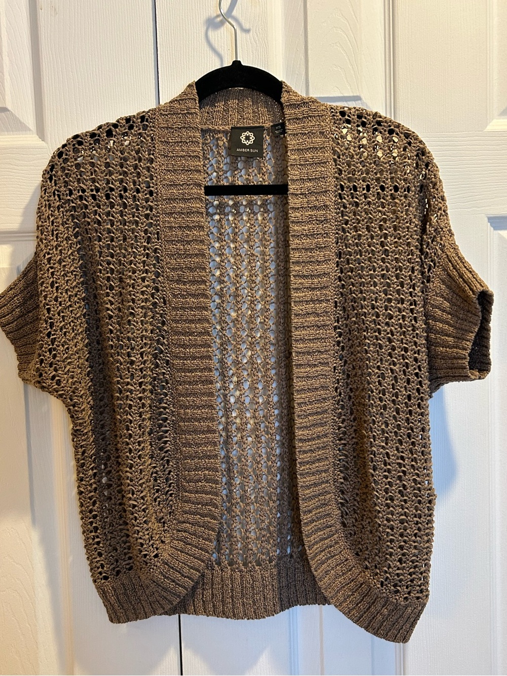 Amber Sun Taupe Open-Knit Short-Sleeve Cardigan, Cotton blend, size XS